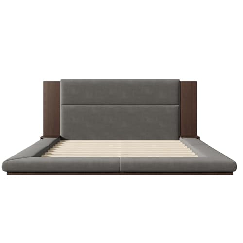 Velvet Upholstered Floor Platform Bed with Extended Wood Headboard & Bedside Shelves - No Box Spring Needed, Low Profile Bed Frame with Storage Space, Gray (King)