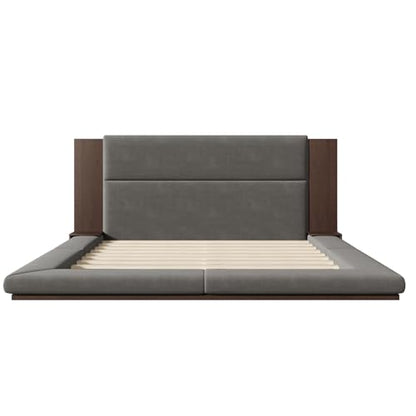 Velvet Upholstered Floor Platform Bed with Extended Wood Headboard & Bedside Shelves - No Box Spring Needed, Low Profile Bed Frame with Storage Space, Gray (King)