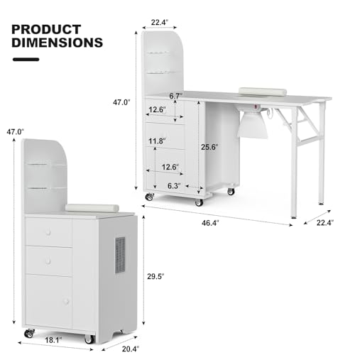 Foldable Nail Desk Manicure Table, Folding Nail Table Station for Nail Tech w/Dust Collector, 2 Open Shelves & 2 Drawers, Foldable Manicure Desk w/Wrist Cushion, Lockable Wheels - color: White