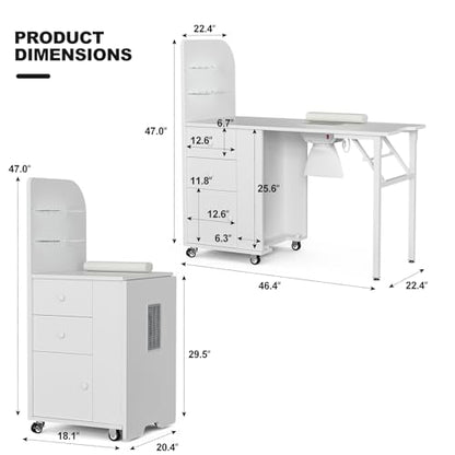 Foldable Nail Desk Manicure Table, Folding Nail Table Station for Nail Tech w/Dust Collector, 2 Open Shelves & 2 Drawers, Foldable Manicure Desk w/Wrist Cushion, Lockable Wheels - color: White