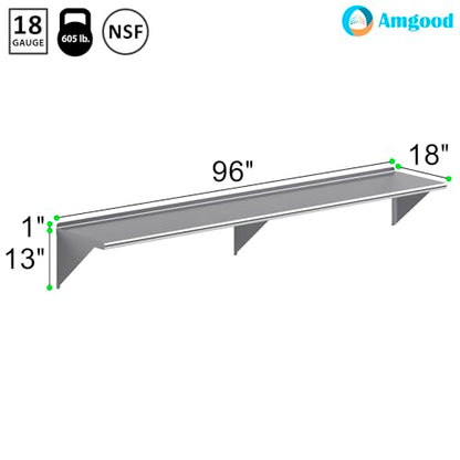AmGood 18 in. x 96 in. Stainless Steel Wall Shelf | NSF | Metal Shelving | Garage, Laundry, Storage, Utility Room | Restaurant, Commercial Kitchen - size: 18 in. x 96 in.