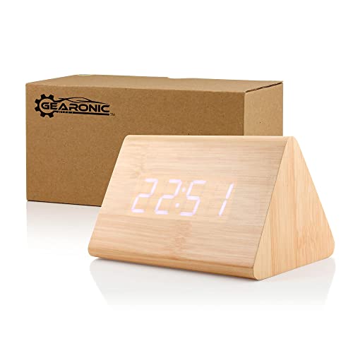 Digital Alarm Clock Wooden Alarm Clock Wood Modern Triangle Alarm Digital Desk Clock, Displays Time Date Temperature Calendar Wood Made Electric Clocks for Bedroom, Bedside - Bamboo - color: Wood