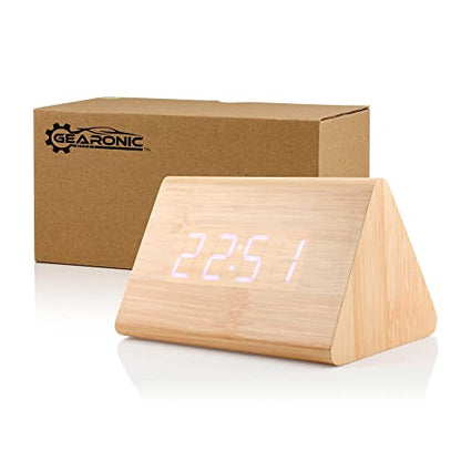 Digital Alarm Clock Wooden Alarm Clock Wood Modern Triangle Alarm Digital Desk Clock, Displays Time Date Temperature Calendar Wood Made Electric Clocks for Bedroom, Bedside - Bamboo - color: Wood