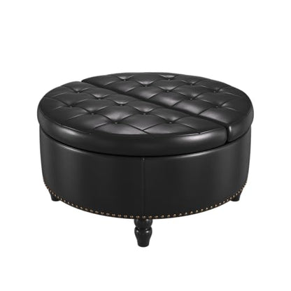 FiveWillowise 30 Inch Large Round Ottoman with Storage Circular,Black | Leather Coffee Table with Lift Top,Modern Upholstered Button Tufted Footrest Stool Solid Wood Legs for Living Room,Bedroom - color: Black