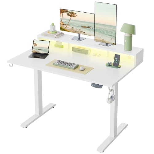Klicelor Electric Standing Desk with Shelf, 48 Inch Height Adjustable Desk with Power Outlets & LED, Sit Stand Up Table with Monitor Stand, Computer Workstation for Home Office, White - color: White, size: 48 x 24 Inches with led and power strips