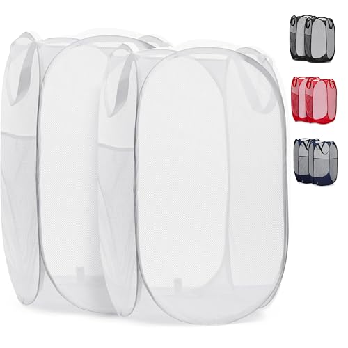 Handy Laundry Collapsible Mesh Pop Up Laundry Hamper 2-Pack, Wide Opening, Side Pocket, Space-Saving Foldable Basket for Clothes, Travel, Dorm, Kids Room, Breathable & Durable (White) - color: White, 2-PACK