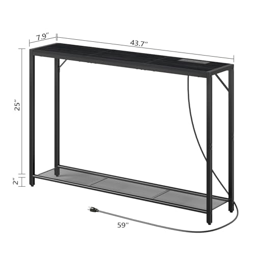 MAHANCRIS 43.7" Console Table with Outlet, Narrow Sofa Table with Shelf | 2 Tier Behind Couch Table, Charging Station, Steel Frame, for Entryway, Living Room, Foyer, Hallway, ofice, Black CTHB11E01N1 - color: Black