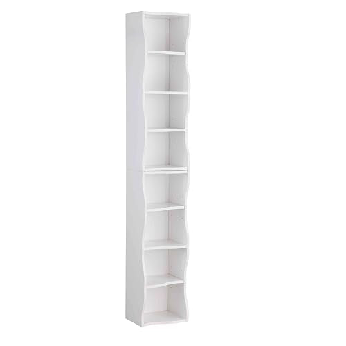 Skinny Tall Bookshelf, 8 Tiers Ultra Slim Bookshelf, Tall Narrow Bookcases, for Living Room, Office, Small Space, Adjustable Shelves, A Wavy Border Design, 11.6'' X 9.3'' X 70.9'' (White) - color: White
