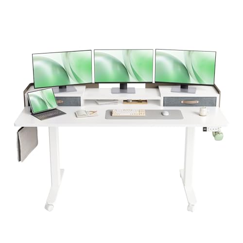 Claiks Standing Desk with Drawers & Wheels, 2 Height Shelf 63" White | 2 height adjust shelf, tabletop drawers, felt fence design, sturdy supports 176 lbs, 4 wheels, 2 tire monitor stand - color: White, size: 63×23.6