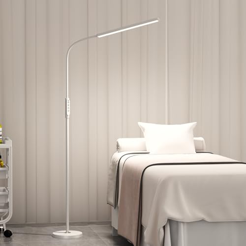 Bright LED Eye-Protecting Reading Floor Lamps with Touch and Remote Dimming 3000-6000k for Eyelash Manicure Craft Drawing Makeup Living Room Bedroom Office, Adjustable Gooseneck Modern Standing Light - color: New White