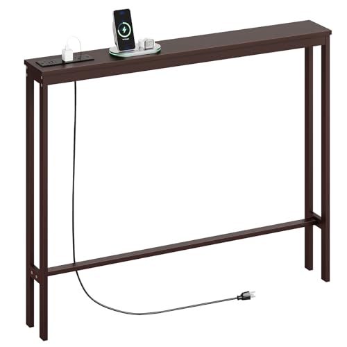 ELYKEN Bamboo Narrow Console Table, 5.9'' Slim Sofa Table Behind Couch | Slim Skinny Hallway Table with Charging Station for Entryway, Living Room, Foyer, Entrance, 5.9 x 39.4 x 31.5in, Brown - color: Brown, size: 5.9"D x 39.4"W x 31.5"H