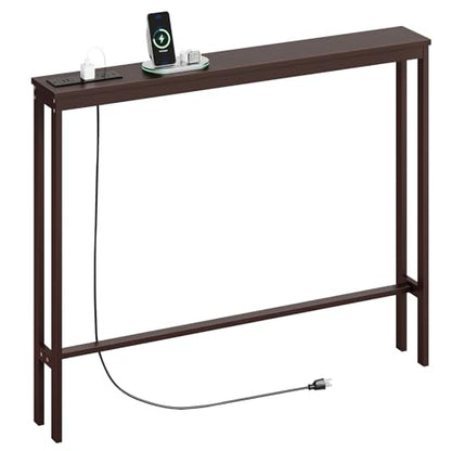 ELYKEN Bamboo Narrow Console Table, 5.9'' Slim Sofa Table Behind Couch | Slim Skinny Hallway Table with Charging Station for Entryway, Living Room, Foyer, Entrance, 5.9 x 39.4 x 31.5in, Brown - color: Brown, size: 5.9"D x 39.4"W x 31.5"H