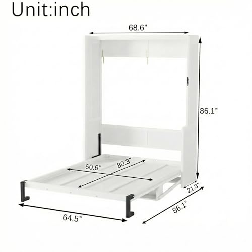 SOFTSEA Queen Size Murphy Wall Bed Frame with Desk, White | Space-Saving Hidden Wall Bed with Desk, Gas Struts, Vertical Murphy Bed Cabinet for Guest Room Home Office - color: White Black