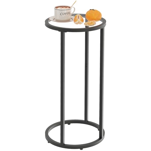 Easy Paws Round Side Table,Glass C Table,Couch End Table, Tempered Glass Snack Table with Metal Frame, Sofa Couch Bedside Table,TV Tray Table for Small Space(Black) - color: Black