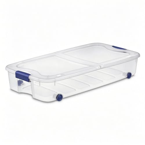 66 Quart Underbed Storage with Wheels, Plastic Under Bed Storage Bin with Latching Lid, Low Profile Rolling Organizer for Clothes, Shoes and Blankets, Clear, 1-Pack