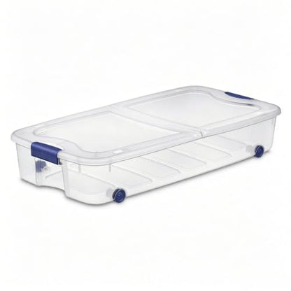 66 Quart Underbed Storage with Wheels, Plastic Under Bed Storage Bin with Latching Lid, Low Profile Rolling Organizer for Clothes, Shoes and Blankets, Clear, 1-Pack