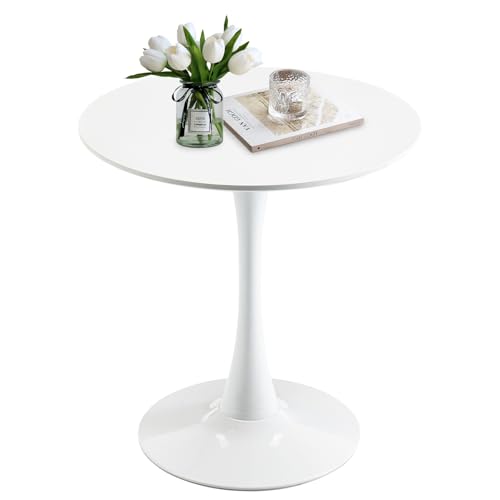 27.5" Small Round Dining Table, Modern Tulip Style Table for 1-2 People, Space-Saving Table for Dining Room, Kitchen, or Cafe, White Pedestal Base - color: White, size: 27.5"