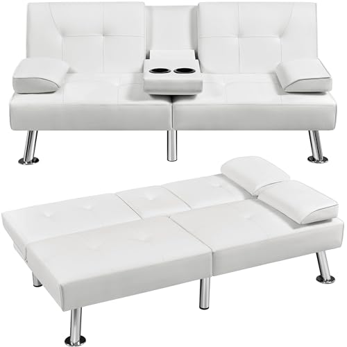 Yaheetech Convertible Futon Sofa Bed Loveseat with Cup Holder, White | 3 Angles Sofa, Recliner Chair, Bed, Compact Faux Leather Love Seat for Living Room,Guest Room, Dorm, Small Apartment - color: White