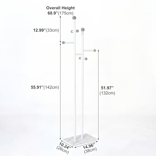 Bedroom Coat Rack Freestanding, Heavy White Marble Base | 1.0mm thickened white metal tree with 8 stainless steel hooks. Anti-toppling organizer for modern bedroom & living room. - color: all white
