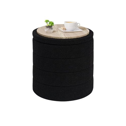 PINPLUS Round Storage Ottoman Foot Rest Stool with Tray Velvet Sherpa Folding Storage Ottoman,Boucle Foot Rest for Living Room, Bedroom, Dorm,Black Color - color: Black, size: 16.9"D x 16.9"W x 17.7"H