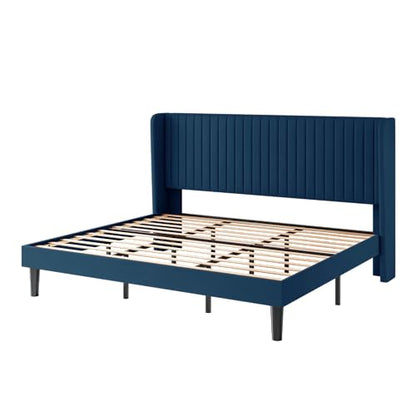 SHA CERLIN King Size Velvet Bed Frame, Tufted Wingback Headboard, Blue | 47'' Modern Vertical Channel Headboard, Upholstered Platform Bed, Wood Slats, No Box Spring Needed, Easy Assembly, Noise Free - color: Blue, size: King