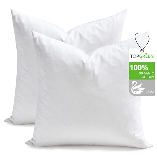 TOPGREEN Ogranic Feathers Down Pillow Inserts 22x22, Pack of 2, White | 100% Organic and Double-Layer Down-Proof Cotton Cover, Ethical-Sourced Feather Down Filling, Soft Yet Supportive - size: 22x22 Inch