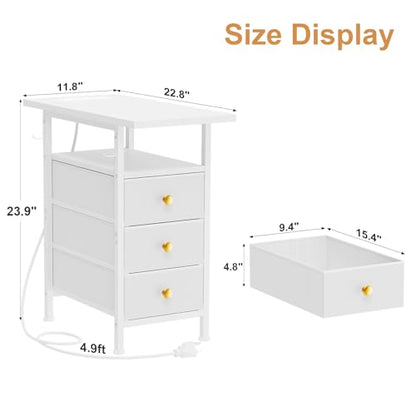 Narrow Dresser with Charging Station, Slim Dresser with 3 Fabric Drawers and Shelf, Skinny Nightstand with LED Light, Bedside Table Dresser for Bedroom, Living Room, Small Spaces, White