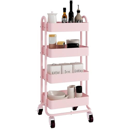 4 Tier Metal Rolling Cart Pink Utility Cart with Wheels,Rolling Pink Cart for Office,Home,Kitchen,Garden（13.4"x18.1"x40"） - color: Pink, size: 40"H