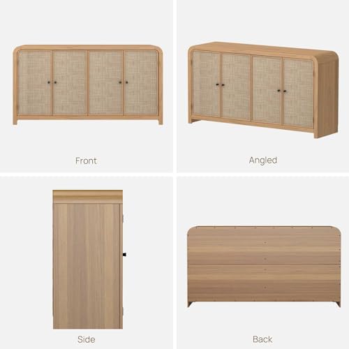 Oak&Sparrow Oak Rattan Sideboard Buffet Cabinet, 60'', 4 Doors | Boho Style, Adjustable Shelves, With Storage, For Living Room, Hallway & Kitchen - color: Natural Oak