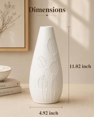 Ceramic Vase Table Lamp - 2700K Bulb & 3 Artificial Flowers Included | Handmade Openwork Craft - Inline Switch - E12 Socket - Tulip 11" - style: Tulip