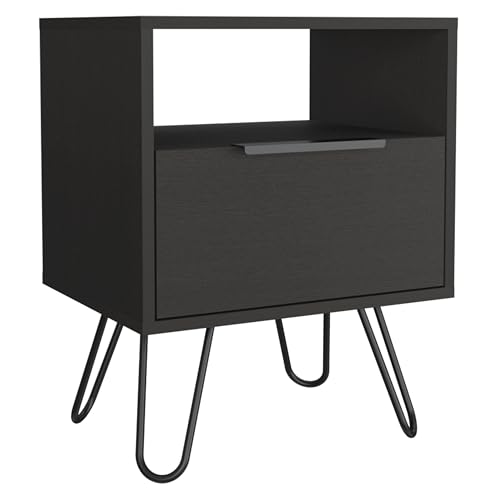 Tuhome Augusta Nightstand, Small Night Stand with Storage Drawer & Open Shelf, 22.2" Tall Narrow Bedside Table on Metal Hairpin Legs, Engineered Wood, Black or Light Oak - color: Black