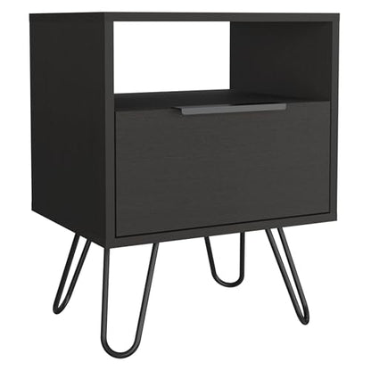 Tuhome Augusta Nightstand, Small Night Stand with Storage Drawer & Open Shelf, 22.2" Tall Narrow Bedside Table on Metal Hairpin Legs, Engineered Wood, Black or Light Oak - color: Black
