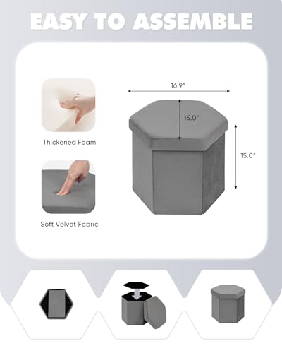 B FSOBEIIALEO Storage Ottoman Cube Hexagonal Pouf Ottomans, Foot Rest Seat for Sofa Footrest Entryway Shoe Footstool for Living Room/Bedroom/Entrway Velvet Grey 16.93"x15"x15" - color: Grey