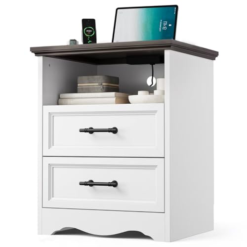 YANSNWO White Nightstand with Charging Station, 19.7" 2-Drawer End Table | 2 USB Ports & 2 AC Outlets, Brushed Metal Handles, Unique Base Design, Modern Farmhouse for Bedroom/Living Room - color: White, size: 15.6"D x 19.7"W x 23.6"H (2 Drawers)