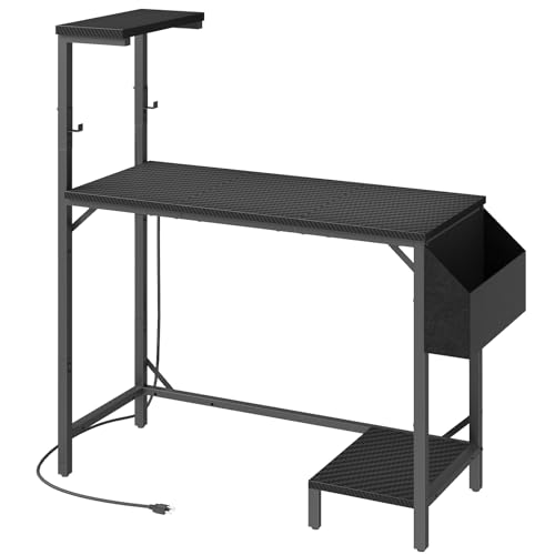 MAHANCRIS Gaming Desk, Computer Desk with Charging Station and LED Light, Small PC Desk with Side Storage Bag and Shelves, 2 Hooks, for Living Room, Home Office, Bedroom Black CDHS134E01