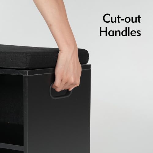 2 Tier Small Shoe Storage Bench Black US-FHXD01B | hold up to 4 pairs of shoes, with Adjustable Middle Shelf, Padded Seat Cushion,cut-out handle - color: Black