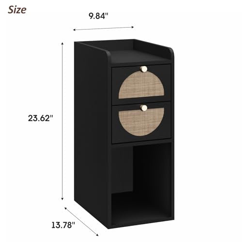 Narrow Nightstand Set of 2 (Rattan & Wood) - Small Bedside Table with 2 Drawers, Open Shelf, Mid Century Modern End Table - for Bedroom, Living Room & Small Spaces, Black - color: Black, size: 9.9"W (2 Pc)