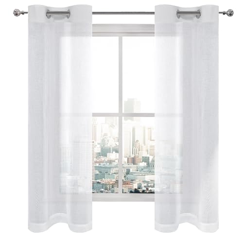 DWCN White Faux Linen Sheer Curtains - Grommet Voile Window Curtain Drapes for Bedroom Living Room 28 x 63 inch Length, Set of 2 - color: White, size: 28"W x 63"L (Pack of 2)