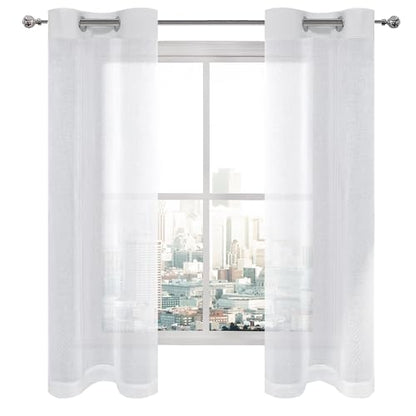 DWCN White Faux Linen Sheer Curtains - Grommet Voile Window Curtain Drapes for Bedroom Living Room 28 x 63 inch Length, Set of 2 - color: White, size: 28"W x 63"L (Pack of 2)