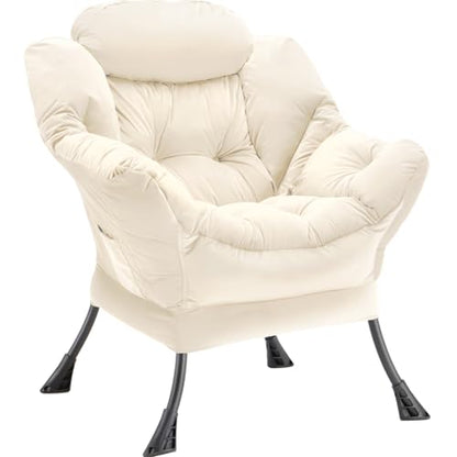 Youtanic Lazy Chair Thick Padded, Comfy Velvet Accent Lounge Chair with Stable Frame, Leisure Sofa Armchair with Armrests and Side Pocket, Reading Chair for Bedroom, Living Room, Office, Beige - color: Beige Without Stool