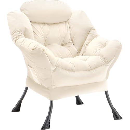 Youtanic Lazy Chair Thick Padded, Comfy Velvet Accent Lounge Chair with Stable Frame, Leisure Sofa Armchair with Armrests and Side Pocket, Reading Chair for Bedroom, Living Room, Office, Beige - color: Beige Without Stool