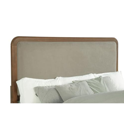 Queen Bed, Upholstered Bed, Walnut Panel Bed, Grey Fabric Headboard, Bed Frame, Extra Low Footboard, Walnut Veneer, Transitional for Modern and Classic Rooms, 1 Bed