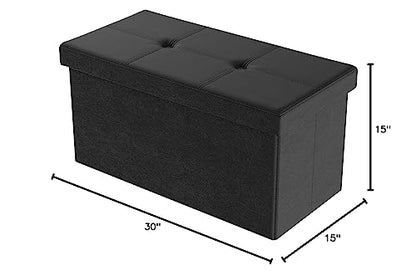 Storage Ottoman - 30-Inch Folding Faux Leather Footrest, Linen Chest, or Bench with Removable Bin for Living Room or Bedroom by Lavish Home (Black)