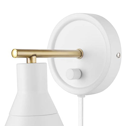 Globe Electric 65542 1-Light Plug-in or Hardwire Wall Sconce, Matte White, Brass Accent, Stepless Dimming Rotary Switch, Fabric Cord, Modern Lighting for Apartment or Renters, Home Decor