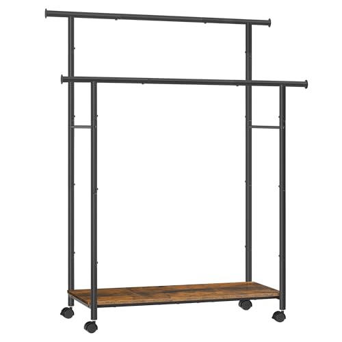 SONGMICS Clothes Rack with Wheels, Double-Rod Clothing Rack for Hanging Clothes, 38.8 Inches Garment Rack with Shelf, Loads up to 220 lb, for Bedroom, Closet, Rustic Brown and Ink Black UHSR152B01 | Clothing Rack for Hanging Clothes, 38.8 Inches, Loads up
