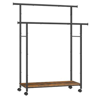 SONGMICS Clothes Rack with Wheels, Double-Rod Clothing Rack for Hanging Clothes, 38.8 Inches Garment Rack with Shelf, Loads up to 220 lb, for Bedroom, Closet, Rustic Brown and Ink Black UHSR152B01 | Clothing Rack for Hanging Clothes, 38.8 Inches, Loads up