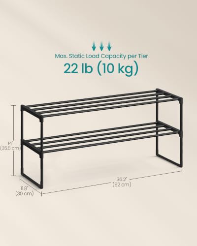 SONGMICS 신발장, 2단 신발 정리함, 금속 보관 선반, 수직 또는 거꾸로, 12-15쌍, 쌓을 수 있음, 입구용, 29.5 x 91.2 x 35.6cm(11.8 x 36.2 x 14인치), 블랙 ULSA12BK - color: 블랙., size: 2 Tiers (36.2"W)