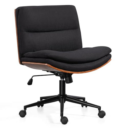 Armless Modern Walnut Office Desk Chair with Wheels, Adjustable Wide Swivel Task Chair, Ergonomic Cross Legged Fabric Chair for Conference Room, Home Office (Black) - color: Black (Linen)