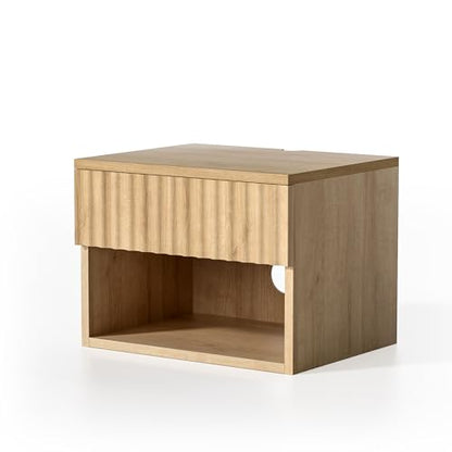 Small Floating Nightstand Set of 2, Modern Fluted Night Stand with Drawer and Open Storage Shelf Wall Mounted Bedside Tables Natural Oak - color: Natural Oak, size: 2 PCS