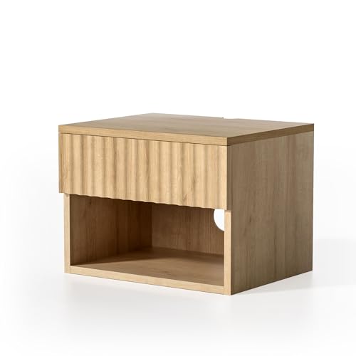 Fluted TV Stands Set of 4, Modern Small Floating Nightstand with Drawer and Open Storage Shelf Night Stand Wall Mounted Bedside Tables Natural Oak - color: Natural Oak, size: 4 PCS